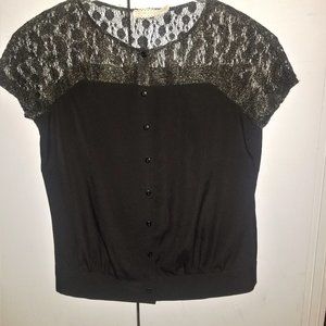 5 for $25! Black/Gold-Lace Cap Sleeve Blouse - S